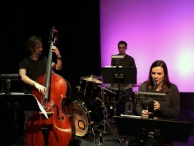 Adam Maloney on Bass, Ryan Kohlbaugh, Drumset/Percussion and Theresa Zick on Clarinet. Photo by Erol Reyal