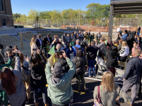 Milwaukee Mayor Cavalier Johnson presides at a ribbon cutting for the fifth cohort of five Green & Healthy Schoolyards at Riley Dual-Language Elementary on Oct. 11, 2023. The collaborative projects have attracted not only local but also national attention.