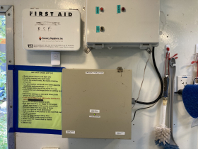The trailer alarm system auto-calls a phone tree of sturgeon caretakers who must respond in case of power outage or other emergency.