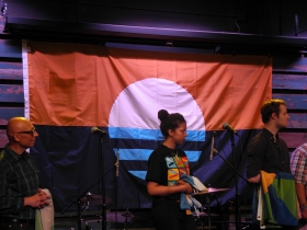 Winning flag in background