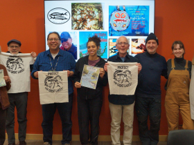 Members of the Sturgeon Protectors group meets at the UW-Milwaukee School of Freshwater Sciences on Feb. 1, 2024. From left to right: Anne Steinberg, Eric Hansen, Mark Denning, Shirley Aspinall, Don Behm, David Wenstrup, Clare Eigenbrode, and Cheryl Nenn