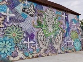 Artist Ramiro Sandoval Argueta painted 'Universal Seed' at Mitchell Street and Cesar Chavez Drive using spray paint