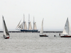 The S/V Denis Sullivan three-masted schooner viewed from the Milwaukee Art Museum