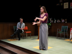 Milwaukee Repertory Theater presents What the Constitution Means to Me in the Stiemke Studio February 6 – March 17, 2024. Pictured: Maria (Rose) Campbell (foreground) and William Mobley (background)