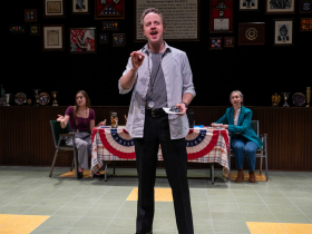 Milwaukee Repertory Theater presents What the Constitution Means to Me in the Stiemke Studio February 6 – March 17, 2024. Pictured: Maria (Rose) Campbell and Jessie Fisher (background, and William Mobley (foreground)