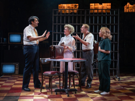 Milwaukee Repertory Theater presents Run Bambi Run in the Quadracci Powerhouse September 14 – October 22, 2023. Pictured: Douglas Goodhart, Megan Loomis, John Carlin, and Erika Olson