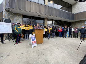 Clare Woodall speaks at opening of new early voting site at 6001 W. Capitol Dr. Photo by Graham Kilmer.