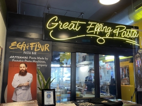 Photo Adam Pawlak and his motto Great Effing Pasta