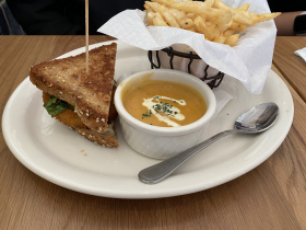 Fried green tomato sandwich, sweet potato bisque and fries