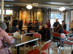Inside… busy Sunday line of customers