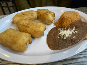 Chimichangas, rice and beans