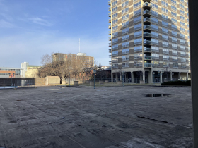 Landscaping, pool walls and the fountain have been removed from the courtyard.