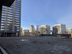 Landscaping, pool walls and the fountain have been removed from the courtyard.