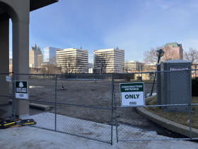 Landscaping, pool walls and the fountain have been removed from the courtyard.
