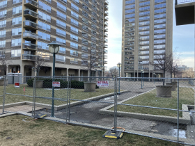 Landscaping, pool walls and the fountain have been removed from the courtyard.