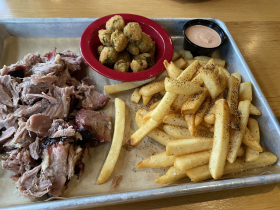 Pork shoulder plate, okra, and dirty fries