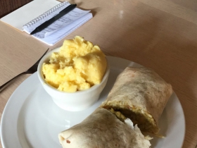 Roasted sweet potato burrito and buttermilk grits