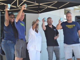 L to R: Cheryl Blue, Tom Barrett, Yvonne McCaskill, David, Dupee, Dan Katt toast to Century City 1
