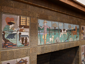 Colorfully glazed tiles of nursery rhymes at Riley Montessori