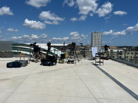Media setting up on the Baird Center