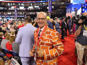 Trump supporter wearing a brick wall suit