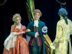 Samantha Sostarich (Venticello 2), Doug Clemons (Venticello 1), and Matt Daniels (Antonio Salieri) in Skylight Music Theatre’s production of Amadeus running January 23 through February 8, 2026.