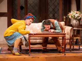 (l. to r.) Linda Mugleston (Dotty Otley/Mrs. Clackett) and Max Pink (Gary Lejeune/Roger Tramplemain) in rehearsal for Skylight Music Theatre’s production of Noises Off.