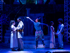 (I. to r) Jackey Boelkow (Hippolyta), Joe Picchetti (Theseus), Lainey Techtmann (Puck), Serena Vasquez (Hermia), and Lucas Drube (Lysander), in Skylight Music Theatre’s production of A ROCKIN’ Midsummer Night’s Dream running April 10 through 26, 2026.