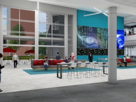 View of atrium and plaza from first floor