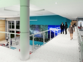 View of atrium and plaza from second floor