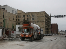 The cement truck awaits use.