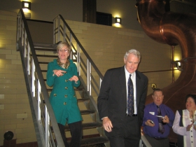 Kris Barrett introduces her husband Tom Barrett to the crowd at the mayor's 60th birthday celebration at Brewhouse Inn & Suites.