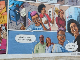Mural on the side of Grove Gallery, 830-832 S. 5th St.